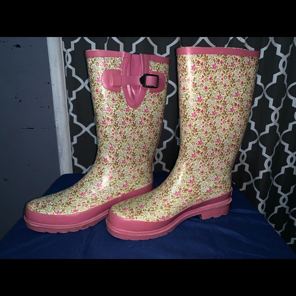 Pink flowery rain boots